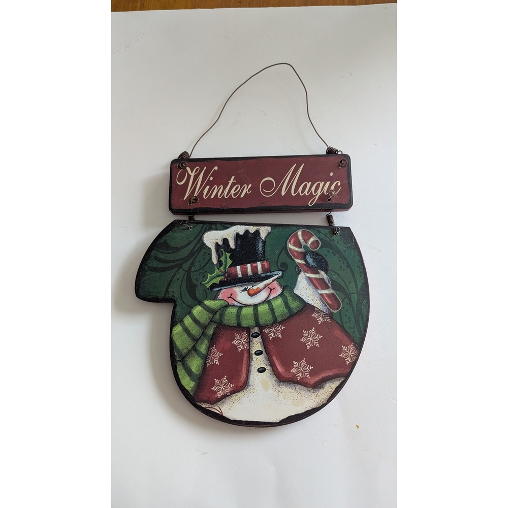 Creative Co-Op Winter Magic Snowman Mitten Wood Wall Hanging Sign Rustic Decor